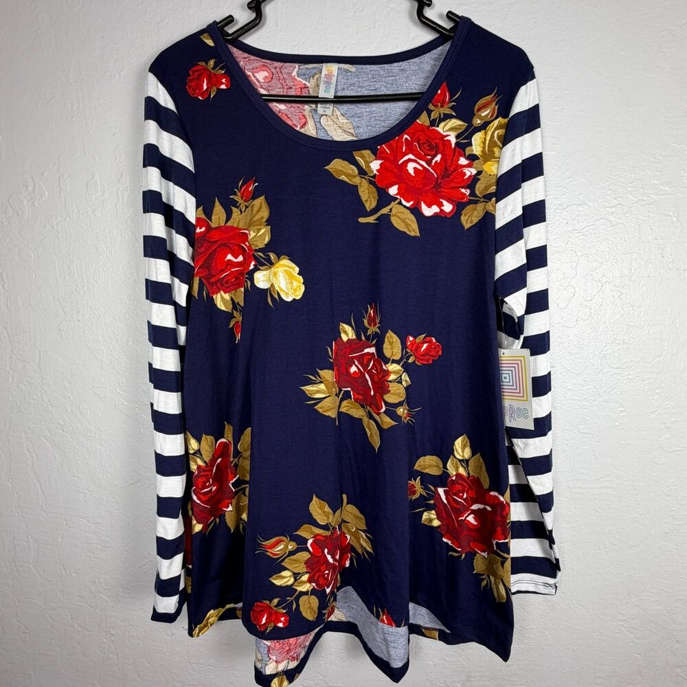 LuLaRoe Lynnae Womens XL Navy Red Rose Floral Striped Sleeve Tunic Top NWT